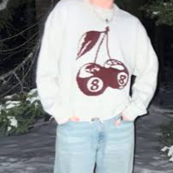 Pacsun Cherry Graphic Distressed Hem Knit Oversized Sweater size Large retro 70s - Picture 1 of 15